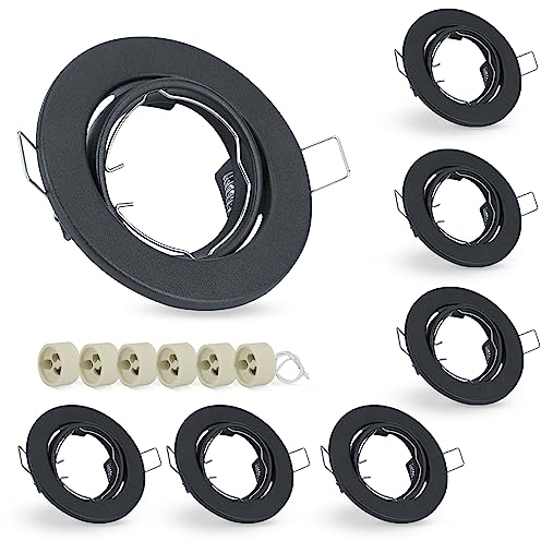 ZMH 6ER Einbaurahmen GU10 Set - Einbaustrahler Schwarz Einbauleuchte Rahmen GU10 Fassungen 230V mit Sockel Lochdurchmesser 50mm Einbauspots Schwenkbar 30° Spot für LED Leuchtmittel Halogen