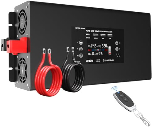 DATOUBOSS Wechselrichter 24V auf 230V 2000W/4000W Reiner Sinus Spannungswandler Power Inverter mit Fernbedienung, 2 EU Steckdosen, 3 USB Port,1 Type-C für Wohnmobil, Auto, Kfz
