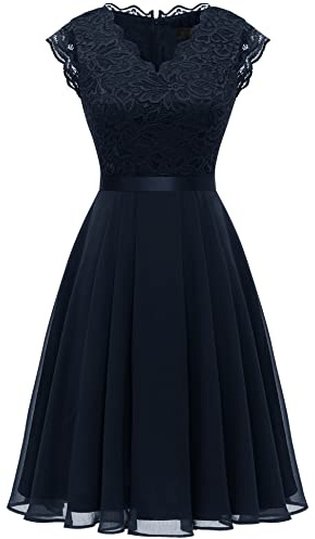 Dressystar Spitzen Cocktailkeid Elegant für Hochzeit Knielang Festlich Abendkleider Kurz AUP2050 Navy S