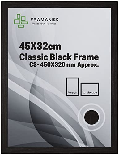 FRAMANEX Classic Picture Poster Frame, 45 X 32cm Black Wood Finish, Portrait/Landscape Rectangle 450 X 320mm