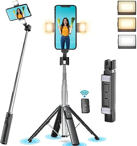 Caymuller 41” Selfie Stick Tripod Quadrapod with 2 Rechargeable Fill Light, Tripod with Bluetooth Remote, Stainless Steel, 3 Light Modes, 9 Brightness Levels, Compatible with All iPhone & Android