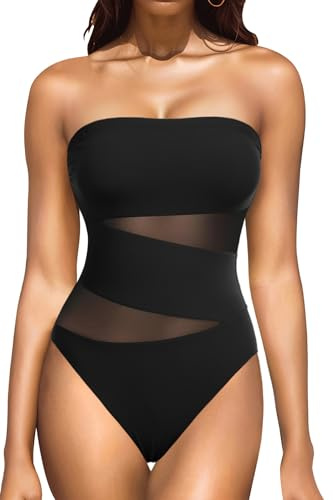 Holipick Women Black Strapless One Piece Swimsuit Mesh Bathing Suits M