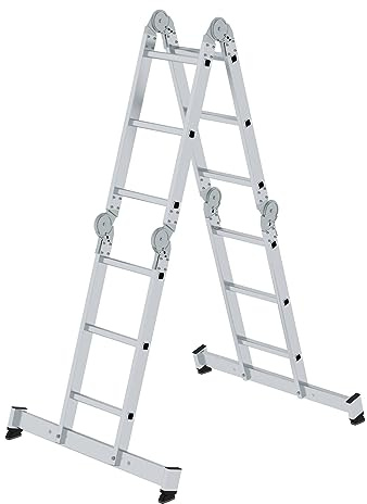 PROREGAL Vielzweckleiter 4-teilig mit nivello®-Traverse und Holzbelag | 2x3 + 2x4 Sprossen | Leiter, Teleskopleiter, Trittleiter, Bockleiter, Sprossen-Doppelleiter