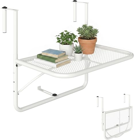 Outsunny Mesa Colgante de Balcón con Brazo Regulable 60x56x50 cm Blanco