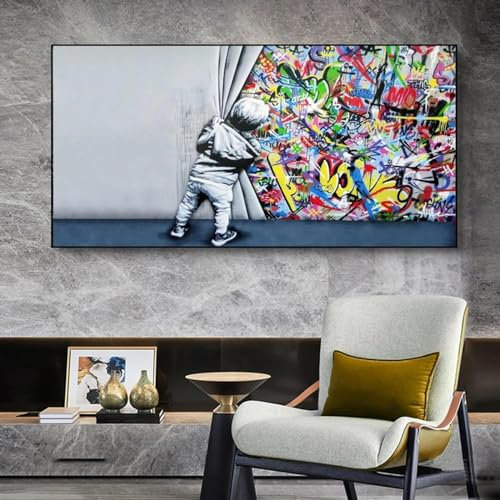 Heimdekoration, Kinderliebhaber hinter dem Vorhang, Graffiti-Kunst, Gemälde an der Wand, Kunstposter, Drucke, moderne Straßenkunst, Bilder, 70x140cm (28x55 Zoll), ungerahmt