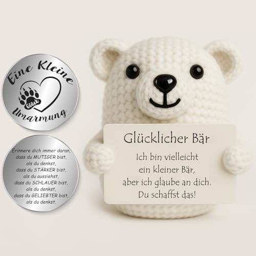 Tixlux Schultüte Füllung Pocket Hug Glücklicher Bär, Kreative Strickwolle Bär Figur und Kleine Umarmung Glücksbringer (Weiß), Einschulung Geschenk, MutmacherGeschenk, Gute Besserung Geschenk