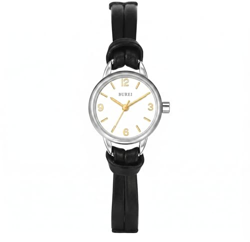 BUREI Mini Reloj analógico de Cuarzo para Mujer con Correa de Piel para Mujer (Negro Plateado)