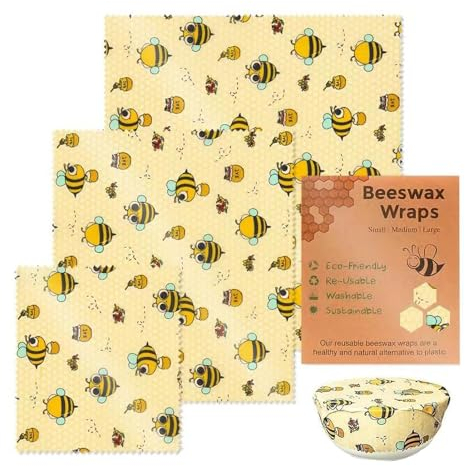 Beeswax Food Wrap Set | Sustainable Kitchen Wrap | 3 Beeswax Wrap, Reusable Bread Wrapper, Natural Beeswax Food Wrapper, Vegetable Wrap with Natural Ingredients for Home Kitchen