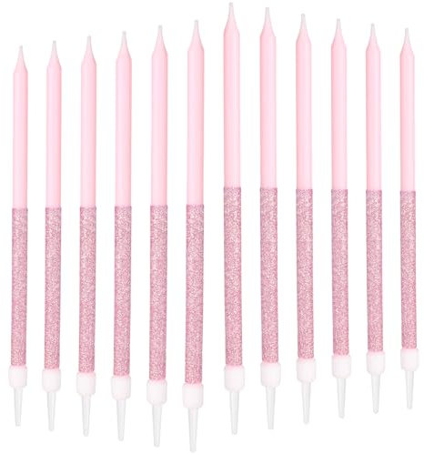 mciskin Candele di compleanno rosa per torta, 12 candele rosa per decorazioni per torte per feste di compleanno, candele lunghe scintillanti, candele alte glitterate, baby shower, anniversario di
