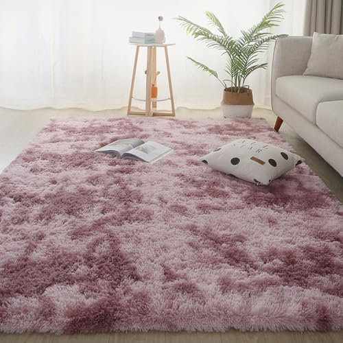 YUANWAN Hochflor Teppich Wohnzimmer 90 x 250 cm Flauschig Weicher, Maschinenwaschbarer Weicher Teppich Heimdekoration Fellteppich Shaggy für Wohnzimmer, Schlafzimmer, Pink Lila
