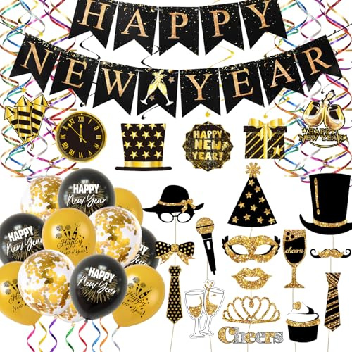 Happy New Year Deko 2026, Silvester Deko 2026, Deko Silvester Party 2026 umfasst Luftschlangen Silvester、Tischdeko Silvester、Happy New Year Girlande、Hänge Dekoration、Silvesterdeko Ballon
