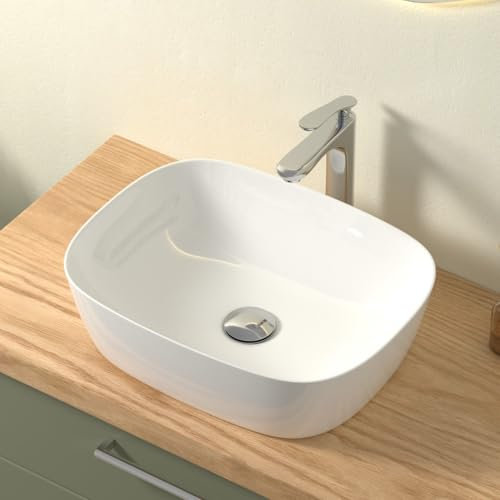 CASAMO Aufsatzwaschbecken Oval mit Lotus- Effekt, Waschbecken ohne Hahnloch, Waschschale aus Keramik für Gäste-WC & Bad, Weiß Hochglanz, 50 x 39 x 14,5 cm