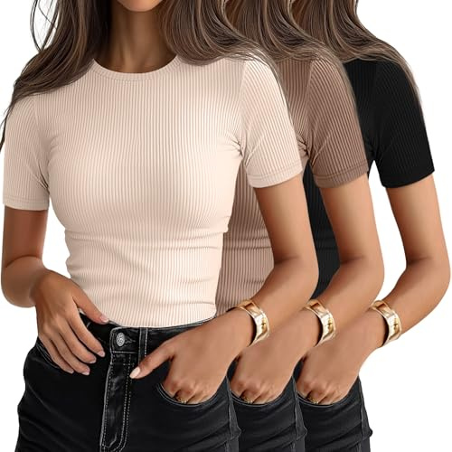 Ficerd 3 Pack Women's Ribbed T-Shirts, Cotton Short Sleeve Basic Tees Crewneck Fitted Tops Casual Shirts 2026 Summer Trendy(Black, Brown, Beige,Medium)