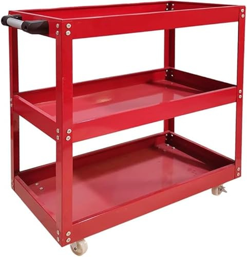 HYGRAD 3 Tier Tool Storage Trolley Rolling Cart Heavy Duty Garage Trolley Tool Organiser Cart On Wheels Mechanics Commercial Use Tool Storage (Red)