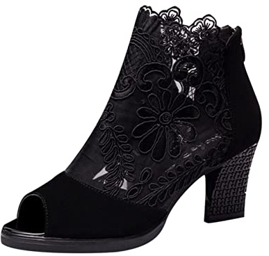 Womens Lace Ankle Boots Sandals UK Clearance Ladies Chunky Heels Shoes Mid Block Heel Sandal Wedding Bridal Shoe Breathable Peep Toe Booties Retro Flowers Mesh Dress Pumps for Evening Party Occasion