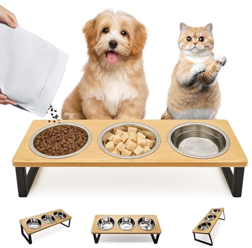 Katzennapf Erhöht mit 3 Futternapf Edelstahl Futterstation napfset katzenfressnapf katzenfutternapf Fressnapf und Wassernapf für Katzen und kleine Hunde (15°gekippte Futterstation)