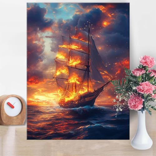 Malen Nach Zahlen Erwachsene Flamme, Segelboot Malen Nach Zahlen 40x50cm Paint by Numbers DIY Handgemalt Ölgemälde Kit Mit 3 - Pinseln und Acrylfarbe Knitterfreie Leinwand für Wanddeko Geschenk W1-350