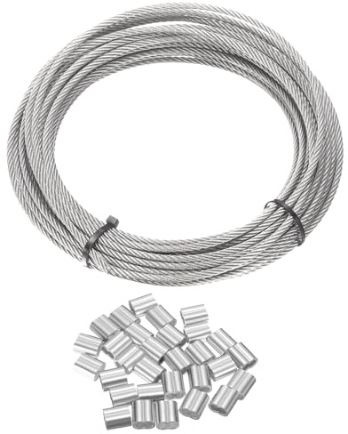 sourcing map 304 Stainless Steel Cable Wire Rope Kit 50FT (15M) Long 5/32 (4mm) Dia 7x7 Strand Core with 20pcs Loop Sleeve for Deck Railing System Outdoor Hanging Kit Garden Fence