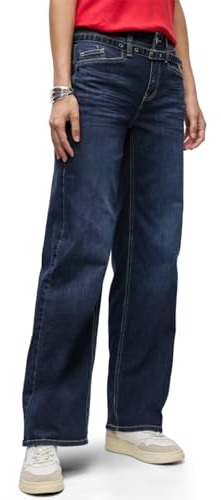 Street One 3716985 Jeans a Gamba Larga con Cintura, Blu Scuro Slavato, 34W x 32L Donna