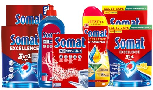 SOMAT Excellence 3in1 Caps 50 Stück (2 Pack) + Lemon 50 Stück (2 Pack) + Duo Power Gel ml + 5in1 Klarspüler + Spezial-Salz – leistungsstarkes Spülmaschinen-Set für strahlendes Geschirr und Schutz