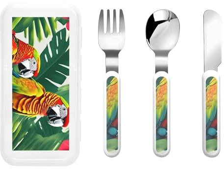 Tropical Flower Leaf Parrot Print Stainless Knife Fork Spoon 3-Piece Set,Flatware Cutlery Set with Storage Case