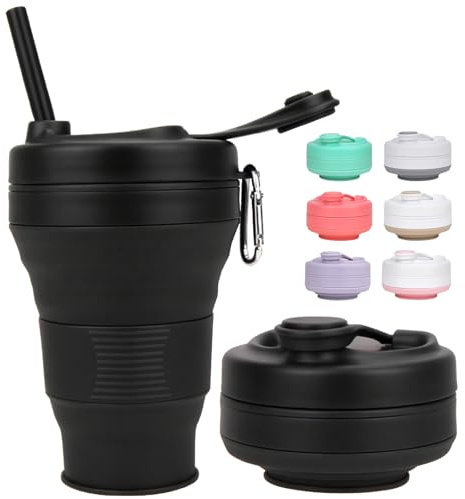 MOMAHUA 600ml/20oz Collapsible Coffee Cup with Lids,Black Silicone Portable Large Capacity Water Cups,Reusable Coffee Mug,Foldable Camping Travel Cup Fits in Your Pocket,Folding Mug Collapses to 6cm