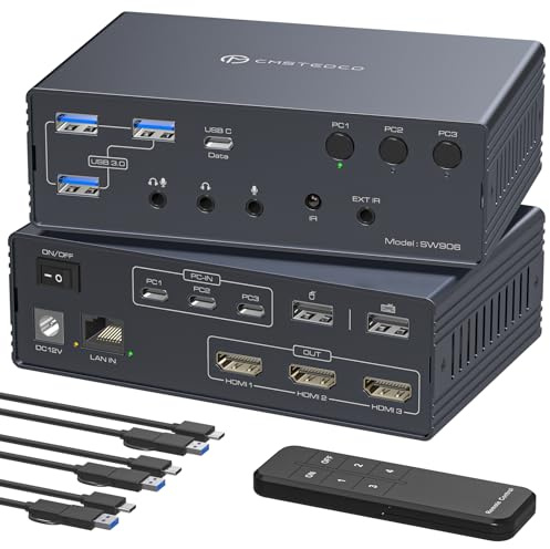 Thunderbolt 4 KVM Switch Docking Station for 3 Monitors 3 Laptops or Macbooks Triple 4K@60Hz HDMI Display with DisplayLink Allows 3 Computers to Share 1G Ethernet, Audio & USB-A/C Ports