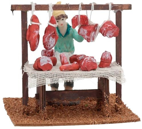 Acan Tradineur - Figura de Puesto de Carnicero para Belén, Madera y Resina, Stand, carnicería, Adorno, Pesebre, Navidad, decoración Tradicional - 12 x 10,5 cm