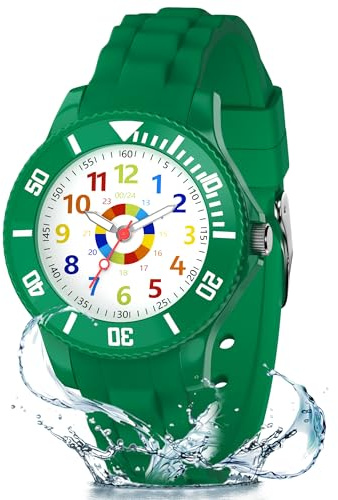 DTKID Orologio Bambino, Orologi Analogici al Quarzo per Bambini, Orologi Educativi per Ragazzi e Ragazze con Ghiera Girevole Cinturino in Silicone 4-15 Anni (Verde Scuro)