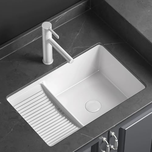 Lavanderia con Asse per Lavare, Lavatoio Ceramica da Bagno Sottotop con Rubinetto, Lavabo Bagno Sottopiano per Bagno con Foro di Scarico, Valvola Angolare(570x380x220mm/22.4x15x8.7in)
