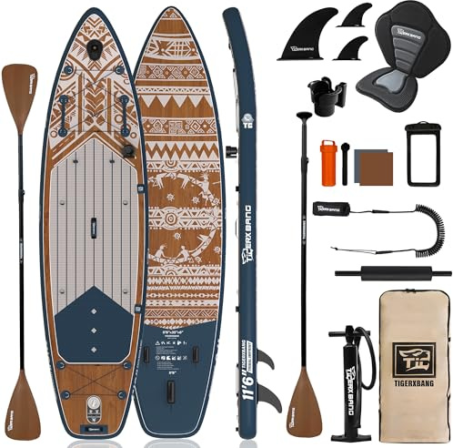 TIGERXBANG Tavola gonfiabile per stand up paddle, 3 m x 88,9 x 15,2 cm, design tribale Joy, SUP per 3 persone, ideale per tempo libero, escursioni e avventura