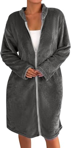 Vhersily 2026 Robe de chambre d'hiver pour femme avec fermeture éclair, chaude en peluche avec poches, confortable linge de nuit à manches longues peignoirs de salon légers mode chaud doux sexy