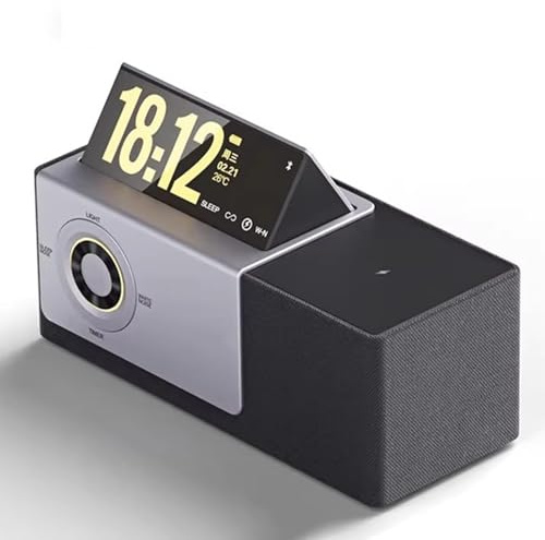 Altoparlante Bluetooth portatile, wireless, lampada da notte, caricabatterie wireless, orologio da tavolo, con schermo flip da 12,7 cm, testo fluttuante, per casa, escursionismo, feste