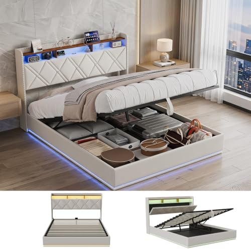 HYTKKBD Letto Imbottito 140 x 200 con Contenitore, Letto Baule Letto Matrimoniale Moderni, Struttura Letti con Ripostiglio Testiera e Rete a Doghe, Senza Materasso, Lino Beige