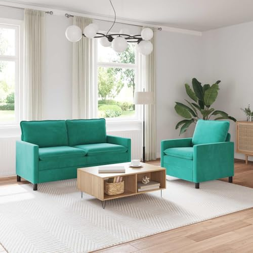 Augerqir Sofa Set 2-teilig Türkis Samt Couch Polstergarnitur mit Metallrahmen 1-Sitzer und 2-Sitzer, abnehmbare Bezüge, komfortable doppellagige Kissen, modernes Design für Wohnzimmer und Büro