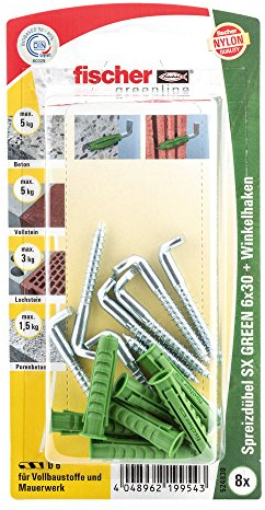 Fischer Spreizdübel SX Green 6x30 WH K, Inhalt: 8 x Dübel, 8 x Winkelhaken 4,2 x 40, 524830