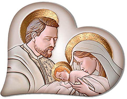 Lupia - Quadro Capezzale, Collezione Heart The Kiss Ceramic Sacra Famiglia, Stampa Made in Italy, Cordicella a Scomparsa, Dimensioni 40x45 cm Forma di Cuore, per Camera da Letto, Soggiorno, Legno MDF