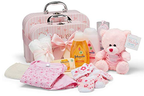Babyshower Present Set till Nyfödd Flicka - Handpackat Babyset med Två Rosa Minneslådor, Mjuk Plysch Nalle, Borste, Svamp, Kläder och Väsentligheter för Nybliven Mamma