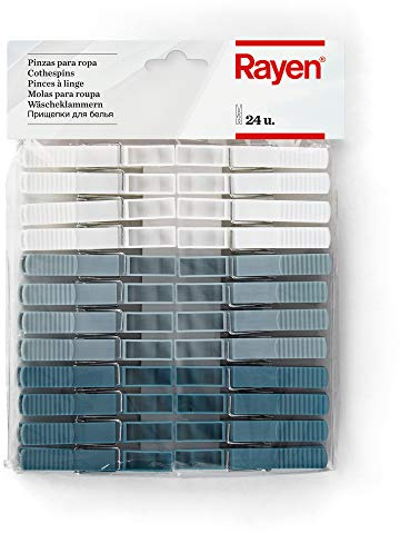 Rayen | 24 Kunststoff Wäscheklammern | Maximaler Halt | rutschfest | Schonend für Kleidung | Weiß/Grau/Blau | Größe: 9 x 1 x 1 cm | XXL