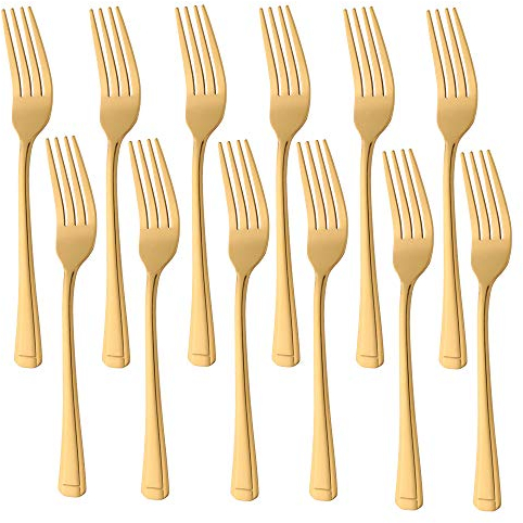 Buyer Star 12 tenedores de postre, vajilla de acero inoxidable dorado para el hogar kichen o restaurante, cubiertos pulido espejo