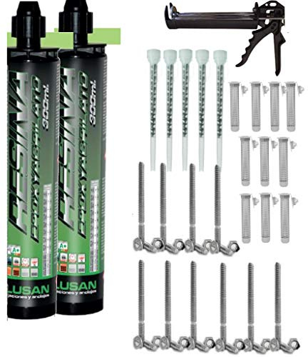 Bricoloco Kit Anclaje Químico Profesional Epoxi| Taco químico y accesorios | Kit Profesional de 2 Tacos químicos 300ml +5 Boquillas+1 PISTOLA+10 tamices (12x80)+10 espárragos (8x100)