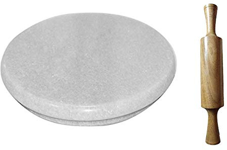 Radhna Traditional Indian White Heavy Base Marble Chakla With Wooden Belan/Marble Roti Maker/Marble Rolling Board With Wooden Rolling Pin