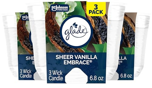 Glade Sheer Vanilla Embrace, Fragrance Candle Infused with Essential Oils, Air Freshener Candle, 3-Wick Candle, 6.8 Oz, 3 Count