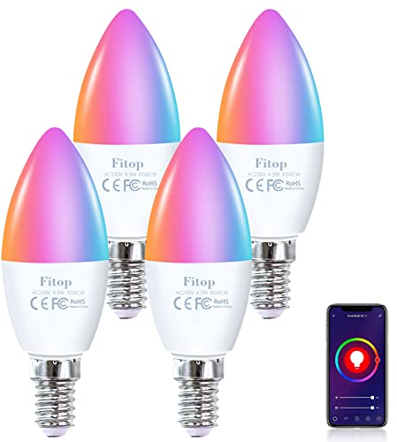 Fitop Alexa Smart Glühbirnen, E14 Wlan LED Lampen Dimmbar Glühbirne 4.9W 470Lm, 2700-6500K, RGB 16 Millionen Farben, App Steuern Kompatibel mit Alexa/Google Home, Sprachsteuerung 4 Pack