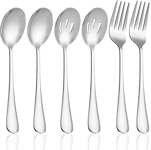 6-teiliges großes Servierbesteck-Set, findTop 2 Servierlöffel, 2 Servierlöffel und 2 Serviergabel für Party, Buffet, Abendessen, Bankett (Silber)