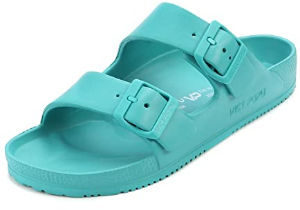 VICT POPU Pantoletten Damen mit Fussbett Sandalen Flach Rutschfest Sommer Badelatschen Lässig EVA Slides Erwachsene Schlappen Blauer See 37