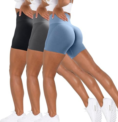 Unthewe Short d'entraînement sans Couture pour Femme - Taille Haute - pour Gym, Yoga, Motard, Noir, Gris foncé, Bleu français, M