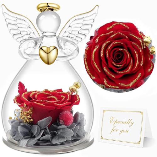 Sunia Ewige Rose Engel Geschenke für Frauen, Ewige Rose im Glas Engel Figur Geschenke für Mama, Geburtstagsgeschenk für Frauen, Mama Geschenk, Mutter Oma Geschenk, Muttertag Weihnachten Valentinstag