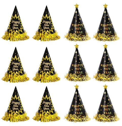 BBXWANG 12 piezas Nochevieja 2024 Gorros Fiesta, Negro Oro Cono Sombrero Fiesta Decoracion Nochevieja 2024, Happy New Year 2024 Decoración Nochevieja 2024 (borla + estilo estrella)
