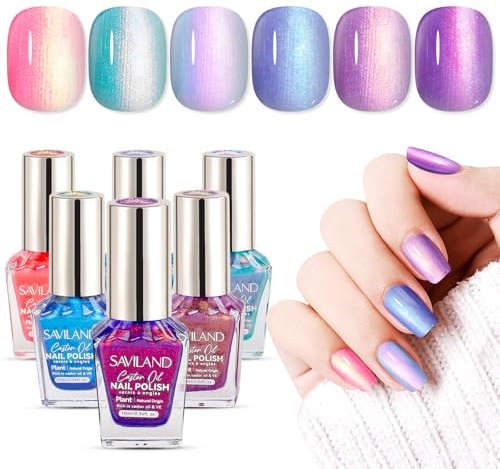 SAVILAND 6 Teiliges Ombre Nagellack Set: Zauberhaftes Pink Blau Gold Lila Ombre Sommer Fingernagellack Farben Lufttrocknender Nagellack auf pflanzlicher Basis mit Rizinusöl Natürliches Nail Polish Set